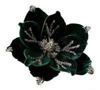 Magnolia artificielles de Noël, décoration florale en velours floqué avec pétales en tissu de luxe pour une décoration saisonnière élégante (vert foncé)