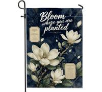 Magnolia Drapeau de jardin, botanique élégant, texte, printemps, bleu marine, double face, en toile de jute décorative pour extérieur, terrasse, pelouse, porche, balcon, 30,5 x 45,7 cm