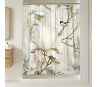 Magnolia Rideau de douche en polyester imperméable Motif branche d'oiseau Blanc 137 x 198 cm