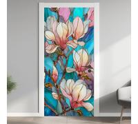Magnolia Stickers pour Papier Peint PVC Imperméable, Fleur Rose Porte Autocollants 3D Trompe L'Oeil, Verre Bleu Poster de Porte Amovible 63x205 cm