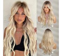 MAGQOO Perruque blonde pour femme - Longue bou et ondulée - Blond ombré - Racines foncées - Deux tons - Synthétique - Résistant à la chaleur
