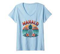 Mahalo for The Memories Tropical Ananas Sunset, Hawaïens T-Shirt avec Col en V, Femme, Bleu Céleste, S