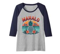 Mahalo pour Les Souvenirs de Coucher de Soleil d'ananas tropicaux hawaïens Manche Raglan, Femme, Bleu Marine/Chiné Athlétique, XXL