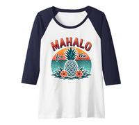 Mahalo pour Les Souvenirs de Coucher de Soleil d'ananas tropicaux hawaïens Manche Raglan, Femme, Bleu Marine/Blanc, L