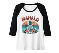 Mahalo pour Les Souvenirs de Coucher de Soleil d'ananas tropicaux hawaïens Manche Raglan, Femme, Noir/Blanc, XXL