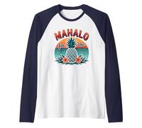 Mahalo pour Les Souvenirs de Coucher de Soleil d'ananas tropicaux hawaïens Manche Raglan, Homme, Bleu Marine/Blanc, M