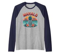 Mahalo pour Les Souvenirs de Coucher de Soleil d'ananas tropicaux hawaïens Manche Raglan, Homme, Bleu Marine/Chiné Athlétique, S