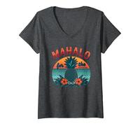 Mahalo pour Les Souvenirs de Coucher de Soleil d'ananas tropicaux hawaïens T-Shirt avec Col en V, Femme, Chiné Foncé, XL