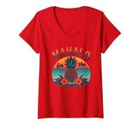 Mahalo pour Les Souvenirs de Coucher de Soleil d'ananas tropicaux hawaïens T-Shirt avec Col en V, Femme, Rouge, M