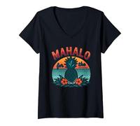 Mahalo pour Les Souvenirs de Coucher de Soleil d'ananas tropicaux hawaïens T-Shirt avec Col en V, Femme, Noir, L