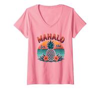 Mahalo pour Les Souvenirs de Coucher de Soleil d'ananas tropicaux hawaïens T-Shirt avec Col en V, Femme, Rose, XL