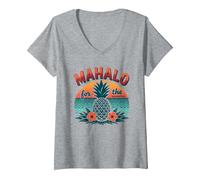Mahalo pour Les Souvenirs de Coucher de Soleil d'ananas tropicaux hawaïens T-Shirt avec Col en V, Femme, Gris Chiné, XL