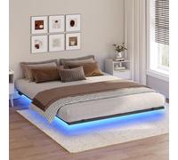 MAHANCRIS Cadre de Lit 200 x 160 x 25 cm, Jambes cachées, Plateforme de Lit en métal avec Station de Charge et Ruban LED, avec 1 Prise, 1 USB-A et 1 Type-C, Noir et Couleur Bois ABFHN638UE01