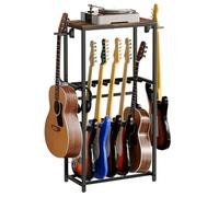 MAHANCRIS Support de Guitare, Stand Guitare à 2 Niveaux pour 5 Guitares, Idéal pour Entreposer Guitare Acoustique, Basse, Ukulélé, Tourne-Disque, Enveloppé de Mousse EVA, Marron et Noir AGSHR6501
