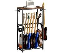 MAHANCRIS Support de Guitare, Stand Guitare à 2 Niveaux pour 7 Guitares, Idéal pour Entreposer Guitare Acoustique, Basse, Ukulélé, Tourne-Disque, Enveloppé de Mousse EVA, Marron et Noir AGSHR6701