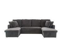 MAHÉ - Canapé panoramique convertible avec coffres 4 places en velours côtelé gris