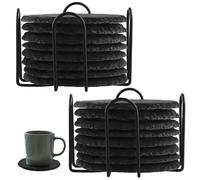 MAHIONG Lot de 24 dessous de verre ronds en ardoise de 10,2 cm avec support en fer, dessous de verre en pierre noire pour gravure et peinture à faire soi-même