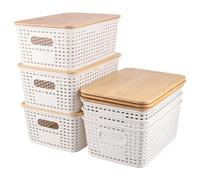 MAHIONG Lot de 6 boîtes de rangement empilables en plastique avec couvercles en bambou et poignée pour comptoir de cuisine, étagères de salle de bain, garde-manger, 25,6 x 18 x 10,7 cm