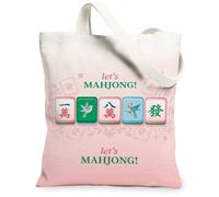 Mahjong Sac fourre-tout en toile Motif carreaux 33 x 38 cm | Thème du jeu de Mahjong, illustrations d'oiseaux charmants, esthétique orientale élégante, fond dégradé pastel doux