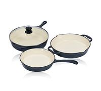 Mahlzeit Lot de 3 poêles | Blue Berry | Ø 24 cm, Ø 29,5 cm, Ø 29 cm | Avec poêles à griller en fonte émaillée | Poêle à frire en fonte, poêle en fonte | Poêle universelle