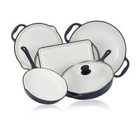 Mahlzeit Lot de 5 Poêles en Fonte | Avec Griller, Plaque de Cuisson et Paella | Fonte Émaillée Universelle pour Steak (Blue Berry)