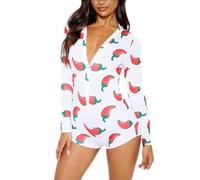 MAHUAOYIXI Combinaison Sexy Femme Combishort Été Pyjama Manches Longue Col V Profond Barboteuse Boutonnée Jumpsuit Casual Imprimée Vêtement de Nuit (Poivron, S)