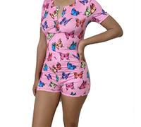 MAHUAOYIXI Combishort Femme Sexy Combinaison Pyjama Chic à Col en V Imprimé Lettre Papillon Barboteuse Moulante à Manches Courtes Jumpsuit Été Grand Taille (Rose, S)
