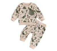 MAHUAOYIXI Ensemble Bébé Garçon Dinosaure Survêtement Enfant 2 Pièce Sweat-shirt Pull Imprimé Dino Manches Longues et Pantalon Jogging Tenue Automne Printemps (Kaki, 3-4 Years)