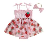MAHUAOYIXI Ensemble de 2 pièces pour bébé fille 1er anniversaire avec broderie fraise, barboteuse sans manches avec nœud et bandeau, rose, 6-12 mois