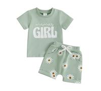 MAHUAOYIXI Ensemble de 2 vêtements pour petites filles - Printemps - Été - T-shirt à manches courtes - Imprimé lettres - Sweatshirt - Imprimé marguerites - Short à taille élastique, Vert, 2-3 Years