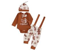 MAHUAOYIXI Ensemble de 3 vêtements de Noël pour nouveau-né garçon avec imprimé pain d'épices, barboteuse à manches longues et pantalon porte-jarretelles avec chapeau, marron, 0-3 mois
