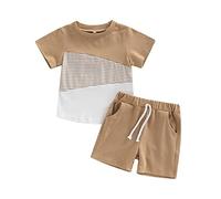 MAHUAOYIXI Ensemble d'été Garçon en Coton • Tenue Bloc de couleurs T-Shirt Manches Courtes à motifs décontractés + Short Élastique à Cordon (Brun-Gris, 5-6 Ans)