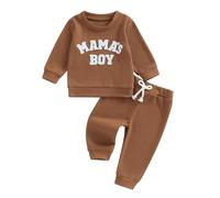 MAHUAOYIXI Ensemble Vêtement 2 Pièces Pour Bébé Garçon Sweat-Shirt Pull Manches Longues Col Rond Brodé Lettre Mamas Boy et Pantalon Jogging (Brun Waffle, 18-24 mois)