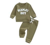 MAHUAOYIXI Ensemble Vêtement 2 Pièces Pour Bébé Garçon Sweat-Shirt Pull Manches Longues Col Rond Brodé Lettre Mamas Boy et Pantalon Jogging (Vert Waffle, 2-3 ans)