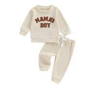 MAHUAOYIXI Ensemble Vêtement 2 Pièces Pour Bébé Garçon Sweat-Shirt Pull Manches Longues Col Rond Brodé Lettre Mamas Boy et Pantalon Jogging (Beige Waffle, 2-3 ans)