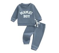 MAHUAOYIXI Ensemble Vêtement 2 Pièces Pour Bébé Garçon Sweat-Shirt Pull Manches Longues Col Rond Brodé Lettre Mamas Boy et Pantalon Jogging (Bleu Waffle, 18-24 mois)