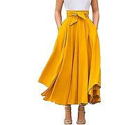 MAHUAOYIXI Jupe Plissée Mi Longue Été pour Femmes Maxi Jupe Taille Haut Vintage Elégante Jupe Trapèze Irrégulière Couleur Unie Skirt Chic avec Nœud Grand Taille 2XL (Jaune, L)
