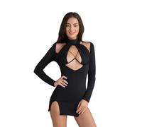 MAHUAOYIXI Mini Robe Moulante pour Femme Robe avec Manches Longues Ourlet Fourche pour Soirée Festival Cocktail Sexy et Chic (Noir, M)