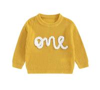 MAHUAOYIXI Pullover Bébé Lettre One Tricot Chaud Manches Longues | Sweater Nouveau-Né Garçon Fille Broderie Lettres Pull Enfant (Jaune, 12-18 Mois)