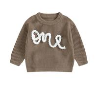 MAHUAOYIXI Pullover Bébé Lettre One Tricot Chaud Manches Longues | Sweater Nouveau-Né Garçon Fille Broderie Lettres Pull Enfant (Brun, 12-18 Mois)