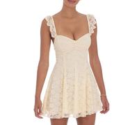 MAHUAOYIXI Robe Courte en Dentelle Fleurie Femme Mini Robe Patineuse d'Été Col en Coeur à Volants Cocktail Chic et Romantique pour Vacances Soirée Plage (Jaune, L)