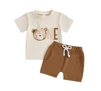 MAHUAOYIXI Tenue de 1er Anniversaire Bébé Garçon Ensemble d'été 2 pièces T-shirt à Manches Courtes Col Rond Imprimé Ours Lettres + Short Uni Taille Élastique (Beige, 6-12 mois)