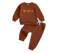 MAHUAOYIXI Tenue d'Halloween à manches longues pour tout-petits garçons avec sweat-shirt brodé fantôme/citrouille et pantalon de survêtement élastique 2 pièces pour bébé garçon 2-3 ans, marron, 18-24