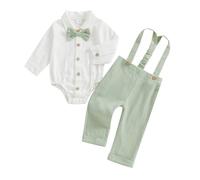 MAHUAOYIXI Tenue Gentleman 2 Pièces pour Bébé Garçon Body Chemise Manches longues avec nœud papillon + Pantalon à Bretelles Ensemble Gentleman Mariage Cérémonie (Vert, 0-3 Mois)