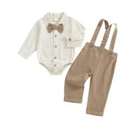 MAHUAOYIXI Tenue Gentleman 2 Pièces pour Bébé Garçon Body Chemise Manches longues avec nœud papillon + Pantalon à Bretelles Ensemble Gentleman Mariage Cérémonie (Kaki, 9-12 Mois)