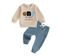 MAHUAOYIXI Tenues de premier anniversaire pour tout-petits garçons, manches longues, broderie biscuit, sweatshirts pulls et pantalons à cordon de serrage, ensemble de 2 pièces pour bébé garçon 1er