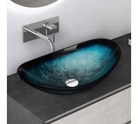 Mai & Mai Lavabo à Poser en Verre Lave-Mains Vasque Ovale à Poser Lavabo Bleu pour Salle de Bain WC d'Invités 53,5x35,5x16 cm Min08