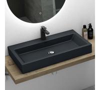 Mai & Mai Lavabo Suspendu Gris Noir Mat Vasque à Poser 76,5cm Lave Mains Rectangulaire avec Trop Plein Col06 76,5x42x10cm