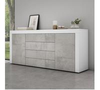 Mai & Mai Meuble de Rangement avec 2 Portes et 4 Tiroirs Casier de Rangement Polyvalent Buffet Blanc Mat + Béton 167x36x70 cm SR03