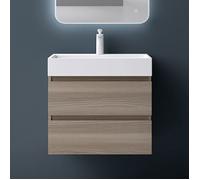 Mai & Mai® Meuble sous Lavabo Chêne Clair Meubles de Salle de Bain 60x38x56cm Meuble Suspendu avec 2 Tiroirs + Lavabo + Bonde